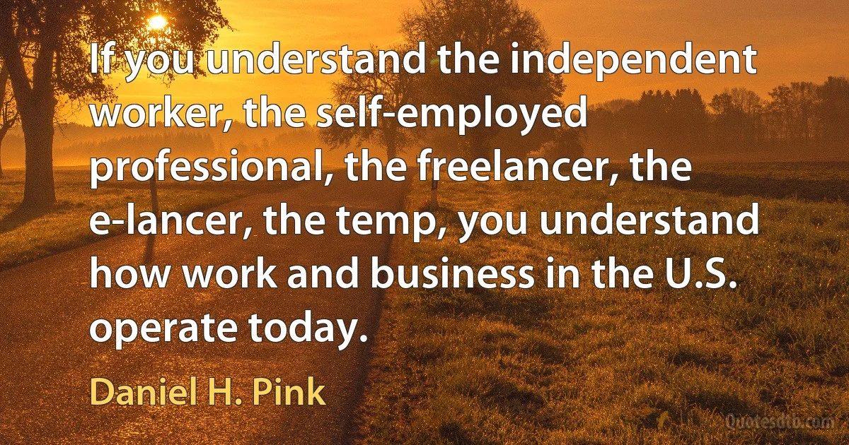 If you understand the independent worker, the self-employed professional, the freelancer, the e-lancer, the temp, you understand how work and business in the U.S. operate today. (Daniel H. Pink)