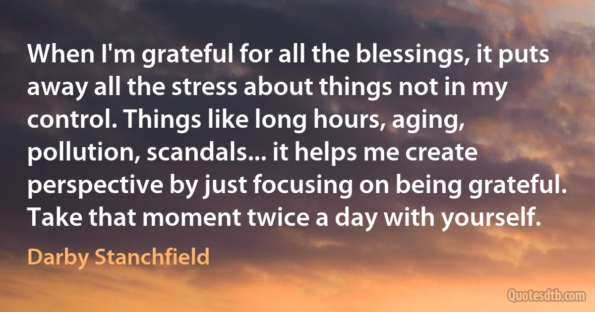 When I'm grateful for all the blessings, it puts away all the stress about things not in my control. Things like long hours, aging, pollution, scandals... it helps me create perspective by just focusing on being grateful. Take that moment twice a day with yourself. (Darby Stanchfield)