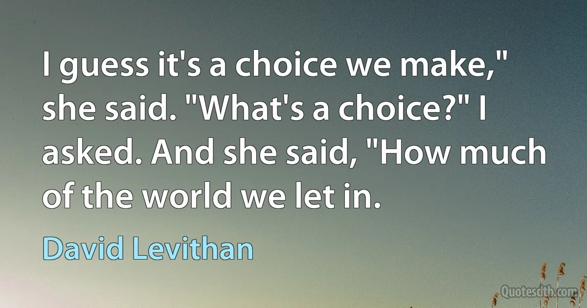 I guess it's a choice we make," she said. "What's a choice?" I asked. And she said, "How much of the world we let in. (David Levithan)