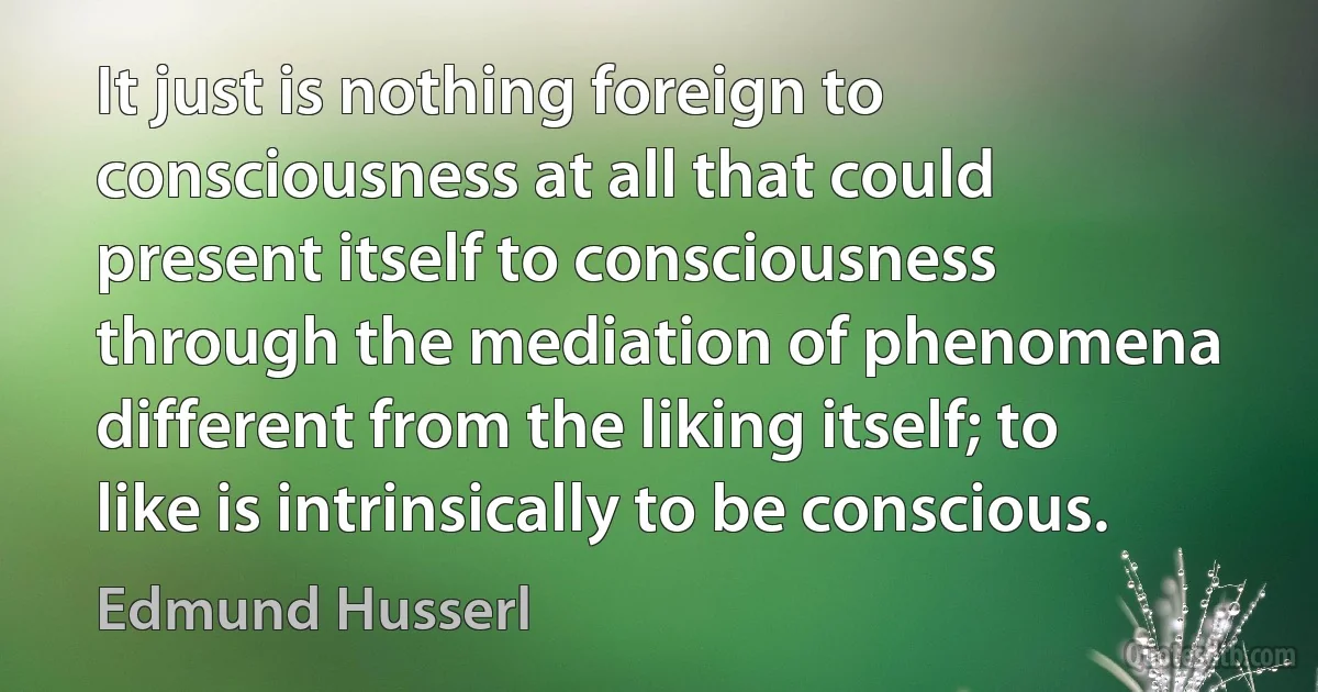 It just is nothing foreign to consciousness at all that could present itself to consciousness through the mediation of phenomena different from the liking itself; to like is intrinsically to be conscious. (Edmund Husserl)