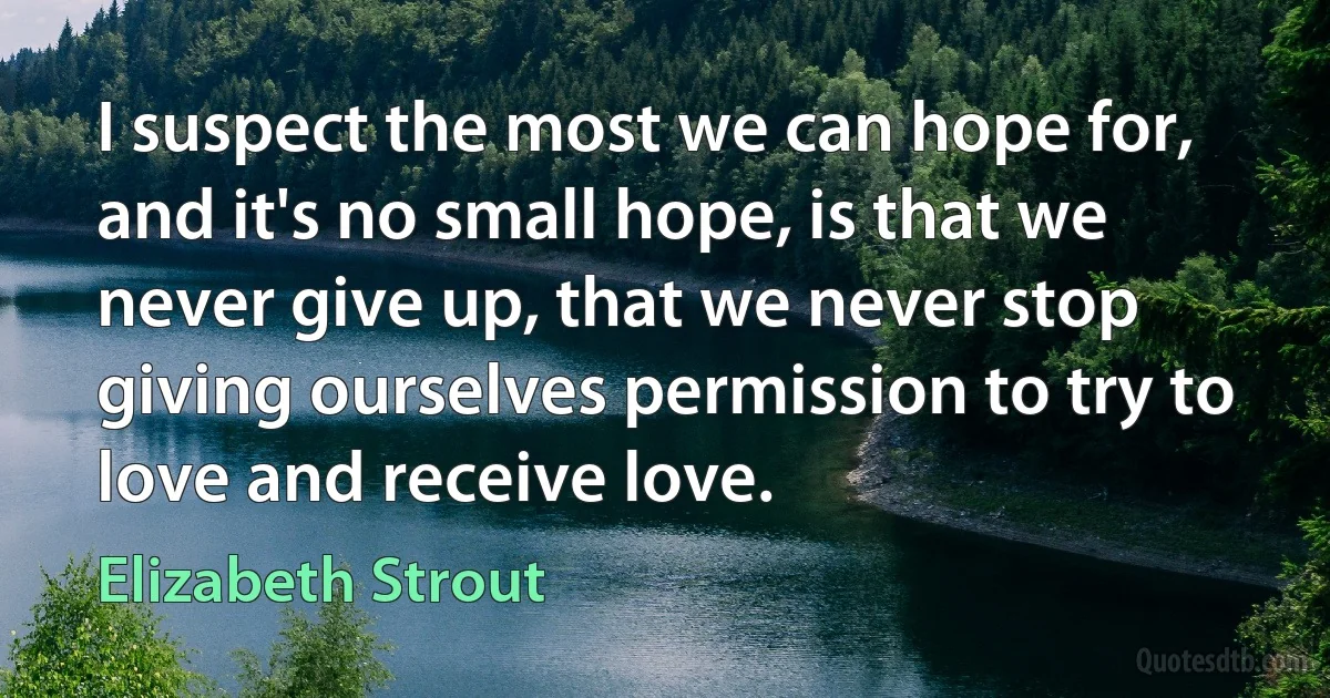 I suspect the most we can hope for, and it's no small hope, is that we never give up, that we never stop giving ourselves permission to try to love and receive love. (Elizabeth Strout)