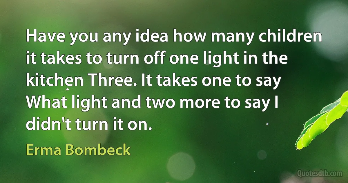 Have you any idea how many children it takes to turn off one light in the kitchen Three. It takes one to say What light and two more to say I didn't turn it on. (Erma Bombeck)