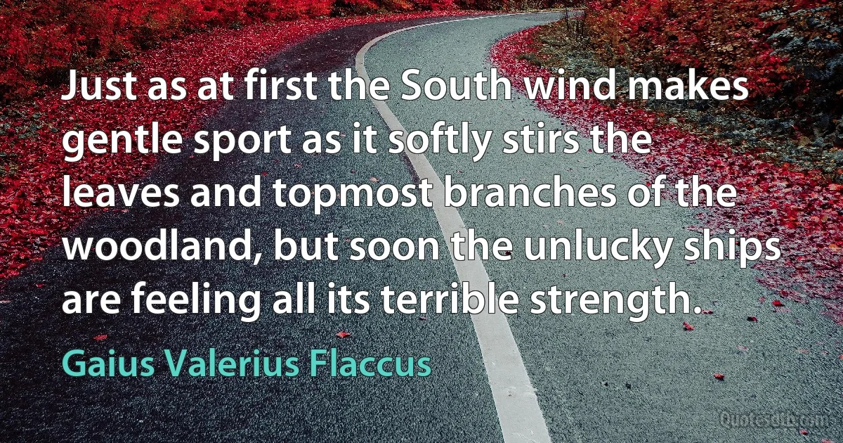 Just as at first the South wind makes gentle sport as it softly stirs the leaves and topmost branches of the woodland, but soon the unlucky ships are feeling all its terrible strength. (Gaius Valerius Flaccus)