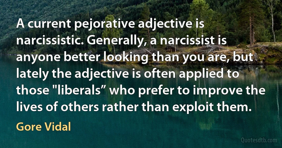 A current pejorative adjective is narcissistic. Generally, a narcissist is anyone better looking than you are, but lately the adjective is often applied to those "liberals” who prefer to improve the lives of others rather than exploit them. (Gore Vidal)