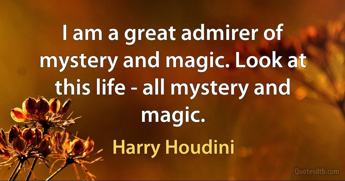 I am a great admirer of mystery and magic. Look at this life - all mystery and magic. (Harry Houdini)