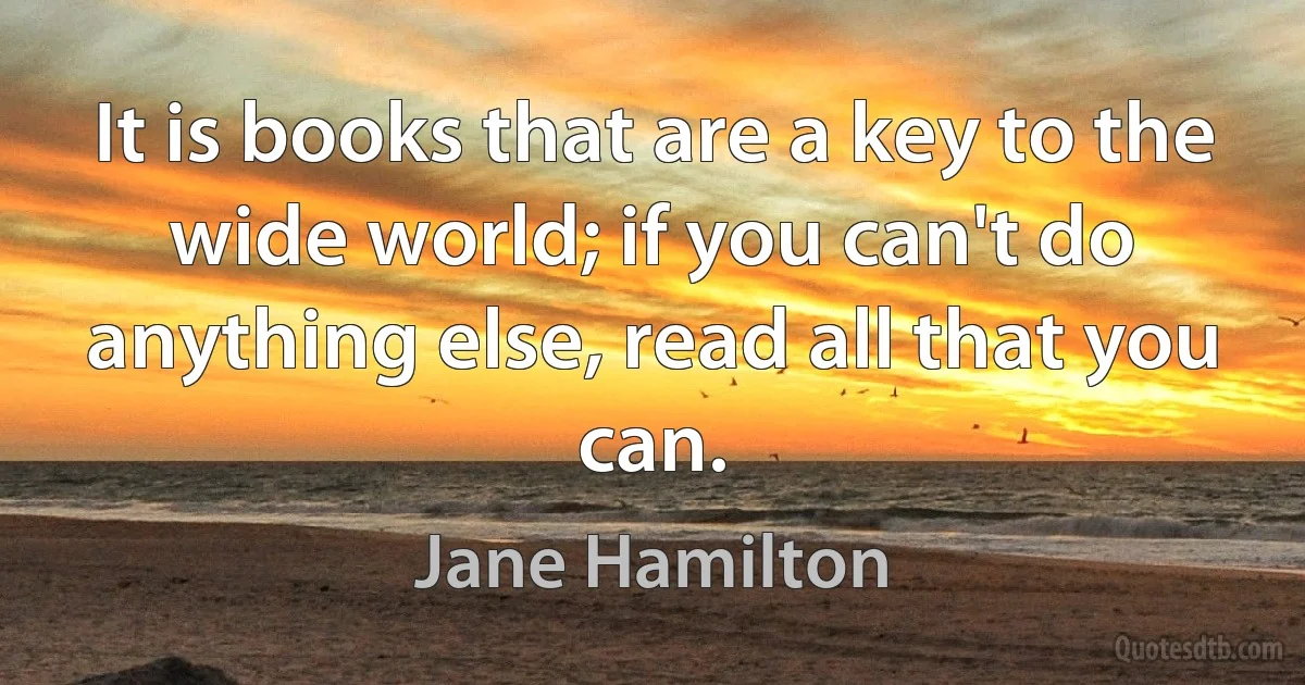 It is books that are a key to the wide world; if you can't do anything else, read all that you can. (Jane Hamilton)