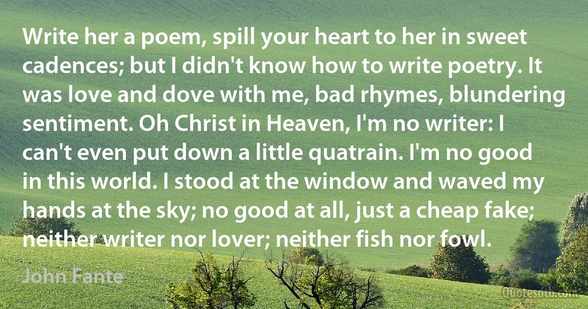 Write her a poem, spill your heart to her in sweet cadences; but I didn't know how to write poetry. It was love and dove with me, bad rhymes, blundering sentiment. Oh Christ in Heaven, I'm no writer: I can't even put down a little quatrain. I'm no good in this world. I stood at the window and waved my hands at the sky; no good at all, just a cheap fake; neither writer nor lover; neither fish nor fowl. (John Fante)