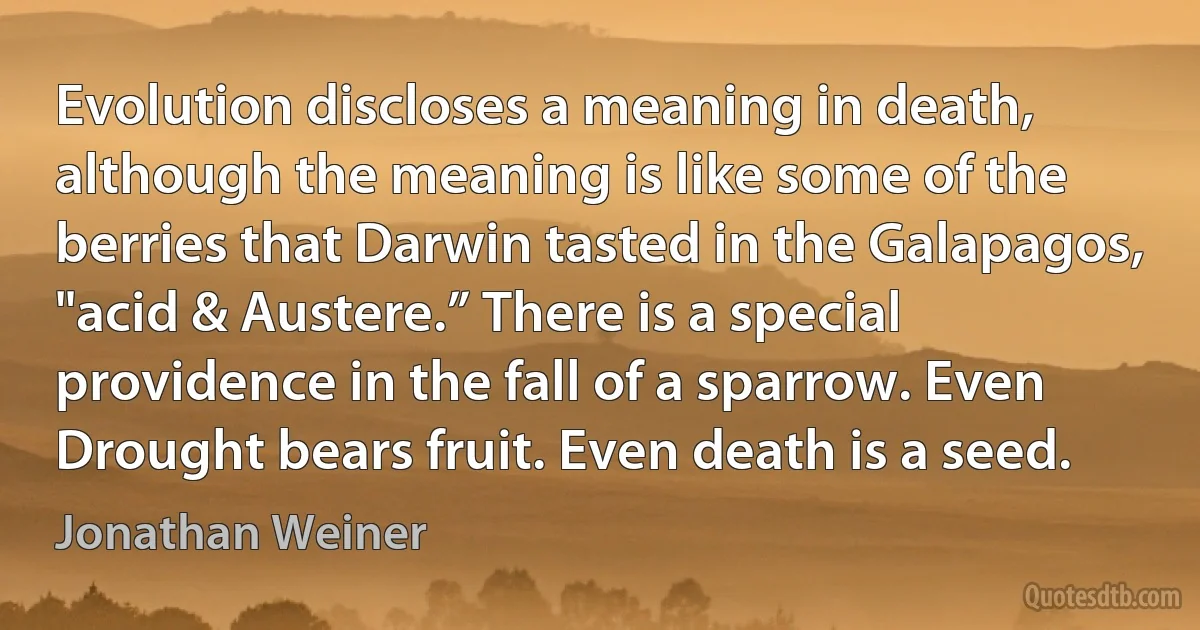 Evolution discloses a meaning in death, although the meaning is like some of the berries that Darwin tasted in the Galapagos, "acid & Austere.” There is a special providence in the fall of a sparrow. Even Drought bears fruit. Even death is a seed. (Jonathan Weiner)