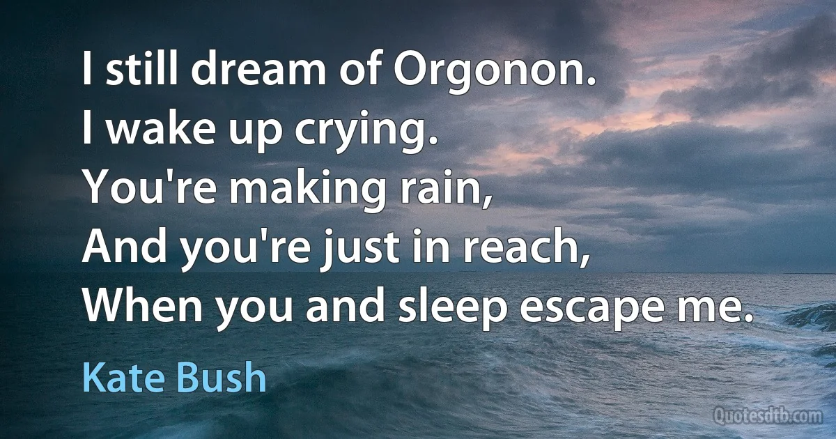 I still dream of Orgonon.
I wake up crying.
You're making rain,
And you're just in reach,
When you and sleep escape me. (Kate Bush)