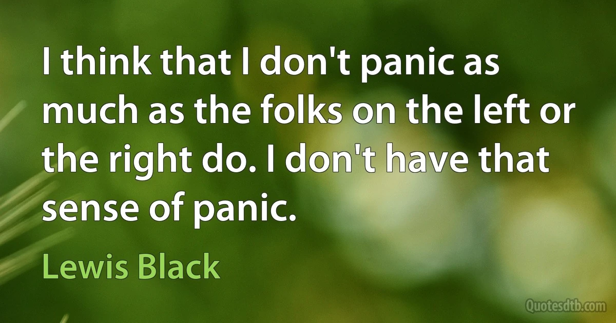 I think that I don't panic as much as the folks on the left or the right do. I don't have that sense of panic. (Lewis Black)