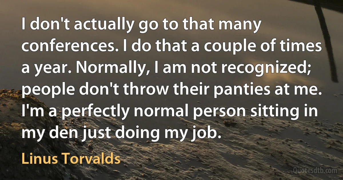 I don't actually go to that many conferences. I do that a couple of times a year. Normally, I am not recognized; people don't throw their panties at me. I'm a perfectly normal person sitting in my den just doing my job. (Linus Torvalds)