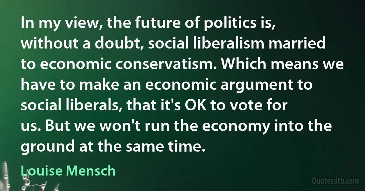 In my view, the future of politics is, without a doubt, social liberalism married to economic conservatism. Which means we have to make an economic argument to social liberals, that it's OK to vote for us. But we won't run the economy into the ground at the same time. (Louise Mensch)