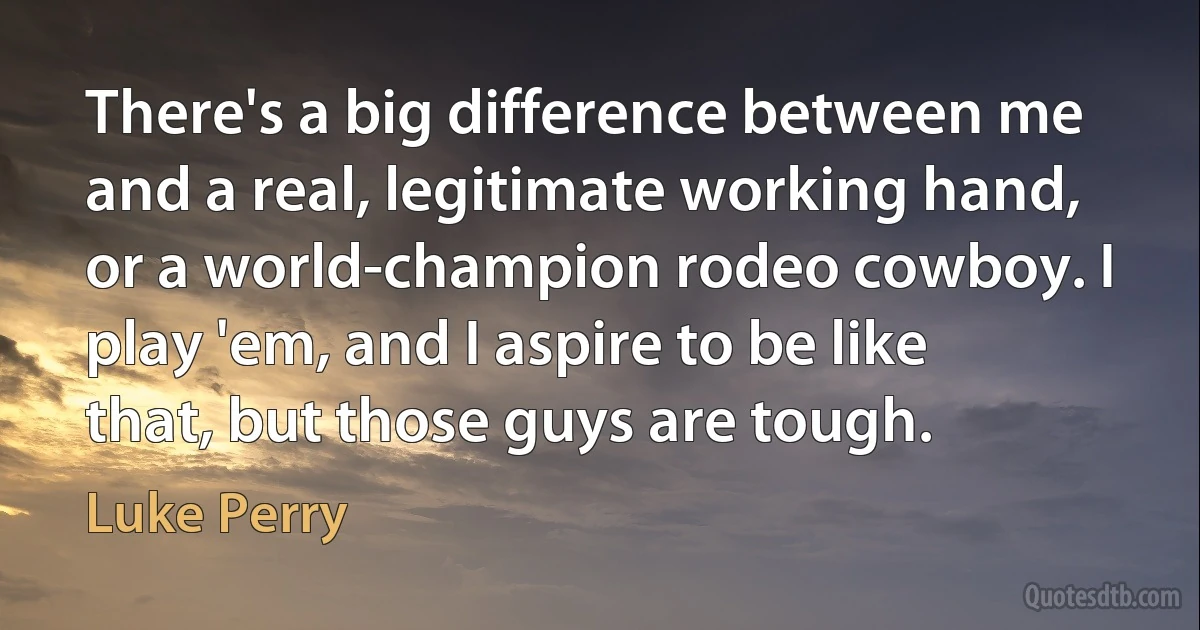 There's a big difference between me and a real, legitimate working hand, or a world-champion rodeo cowboy. I play 'em, and I aspire to be like that, but those guys are tough. (Luke Perry)