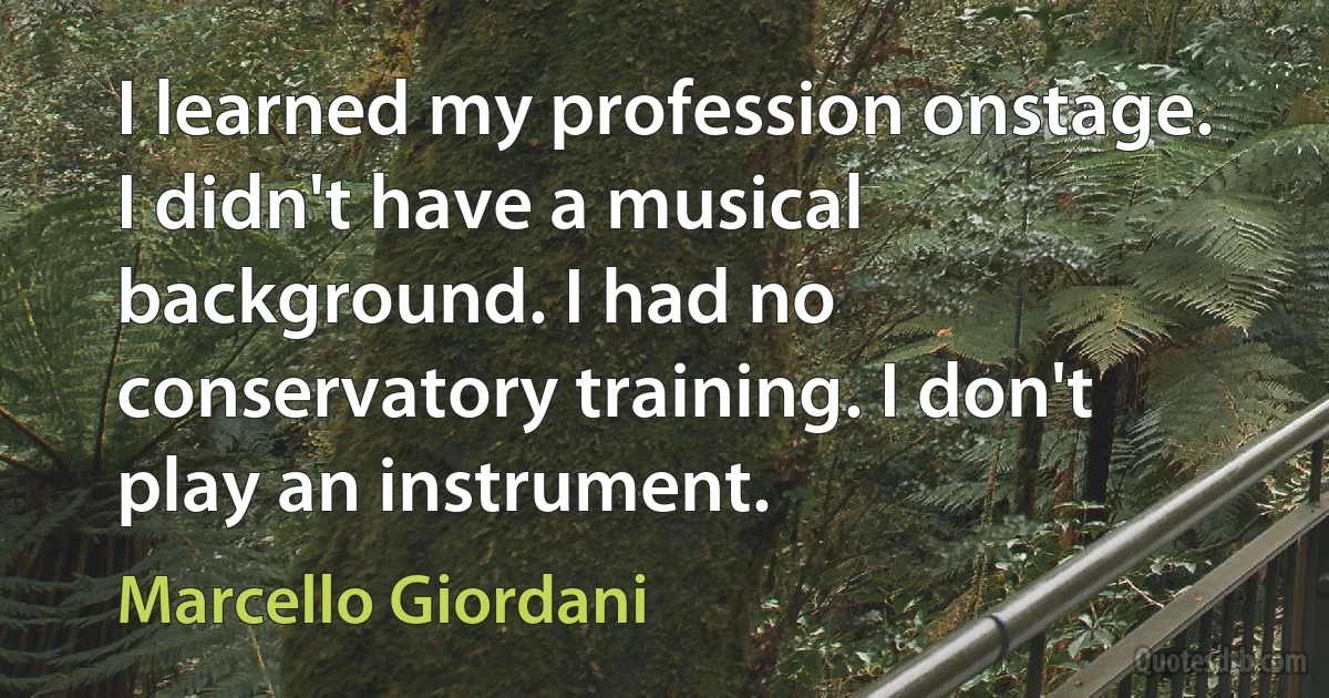 I learned my profession onstage. I didn't have a musical background. I had no conservatory training. I don't play an instrument. (Marcello Giordani)