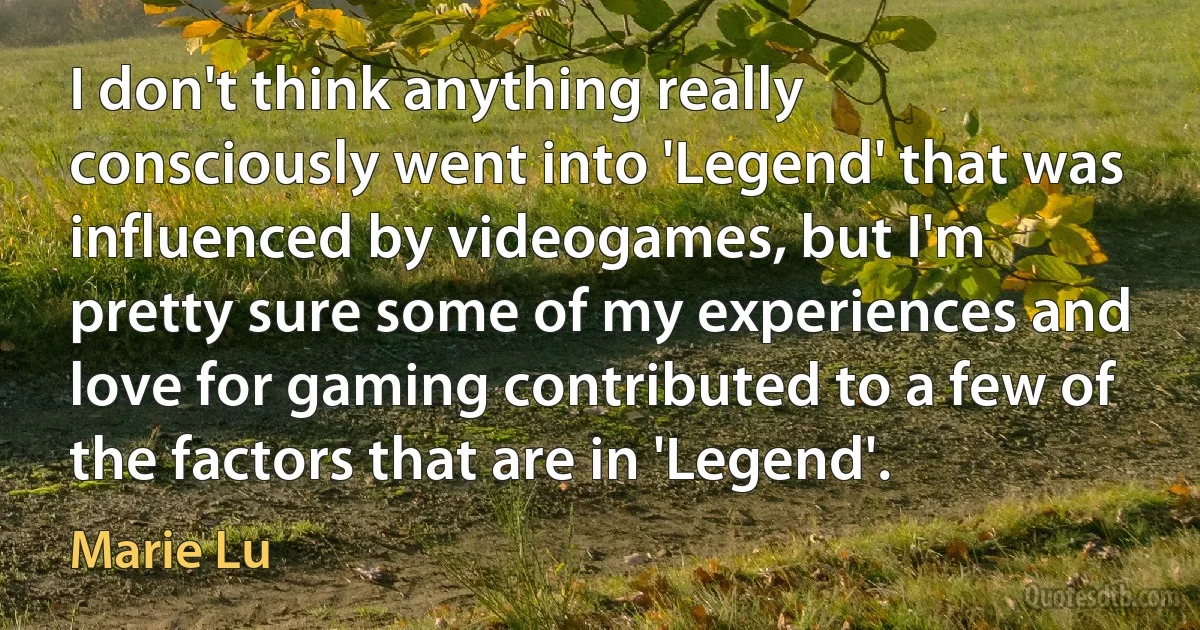 I don't think anything really consciously went into 'Legend' that was influenced by videogames, but I'm pretty sure some of my experiences and love for gaming contributed to a few of the factors that are in 'Legend'. (Marie Lu)