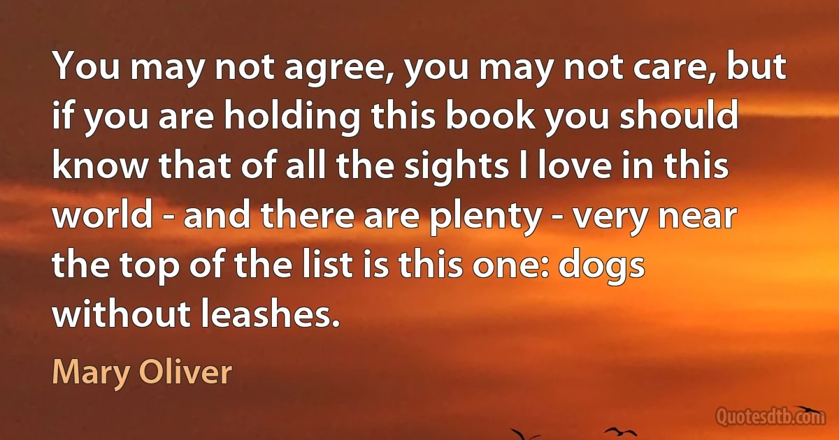 You may not agree, you may not care, but
if you are holding this book you should know that of all the sights I love in this world - and there are plenty - very near the top of the list is this one: dogs without leashes. (Mary Oliver)