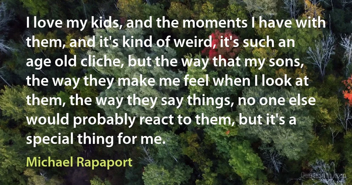 I love my kids, and the moments I have with them, and it's kind of weird, it's such an age old cliche, but the way that my sons, the way they make me feel when I look at them, the way they say things, no one else would probably react to them, but it's a special thing for me. (Michael Rapaport)