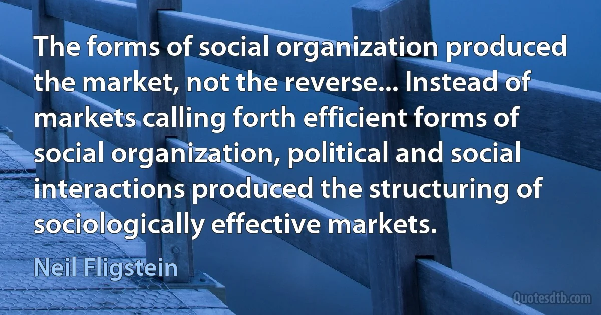 The forms of social organization produced the market, not the reverse... Instead of markets calling forth efficient forms of social organization, political and social interactions produced the structuring of sociologically effective markets. (Neil Fligstein)