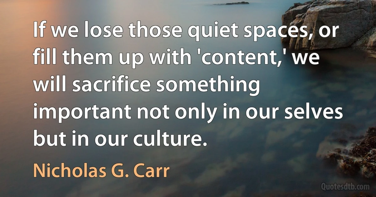 If we lose those quiet spaces, or fill them up with 'content,' we will sacrifice something important not only in our selves but in our culture. (Nicholas G. Carr)