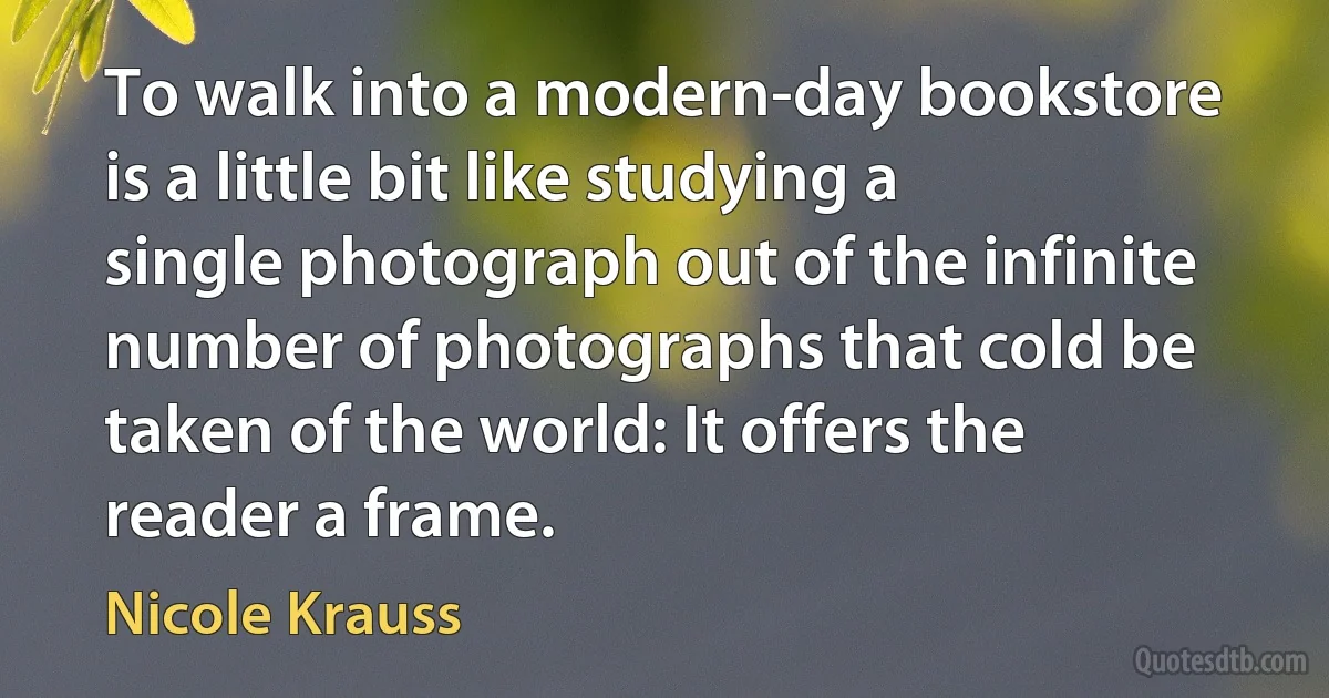 To walk into a modern-day bookstore is a little bit like studying a single photograph out of the infinite number of photographs that cold be taken of the world: It offers the reader a frame. (Nicole Krauss)