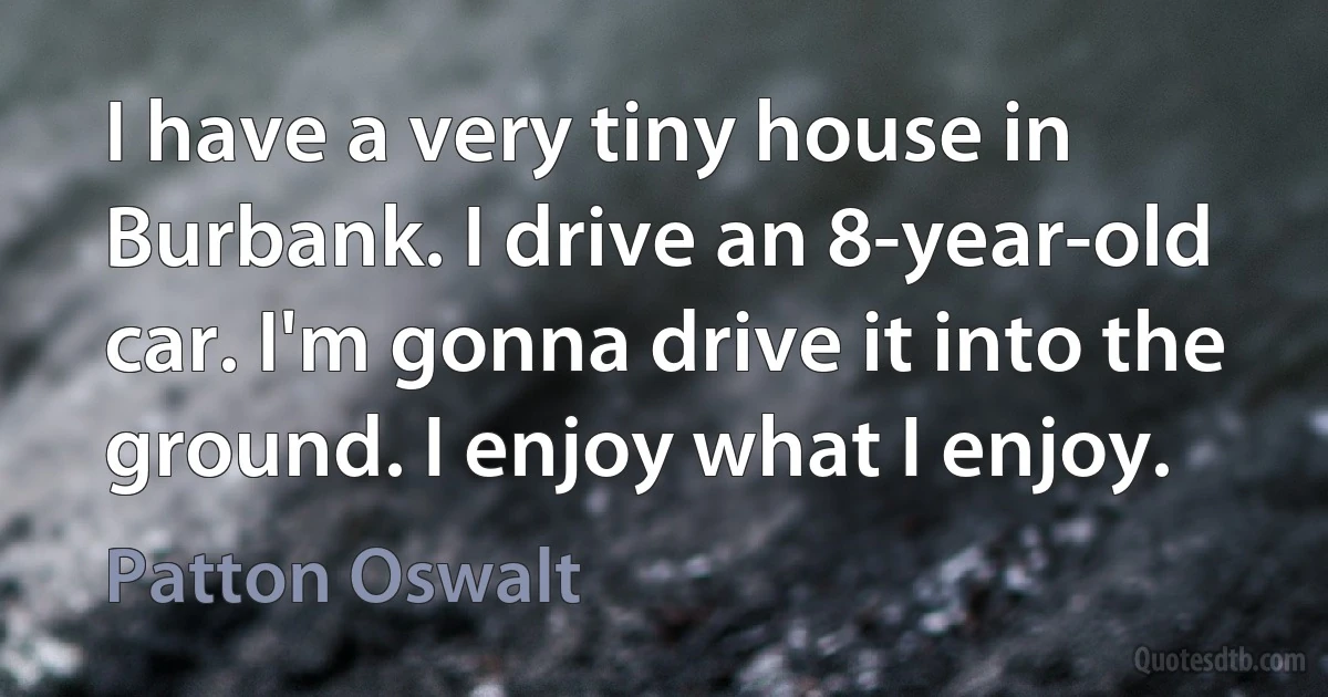 I have a very tiny house in Burbank. I drive an 8-year-old car. I'm gonna drive it into the ground. I enjoy what I enjoy. (Patton Oswalt)