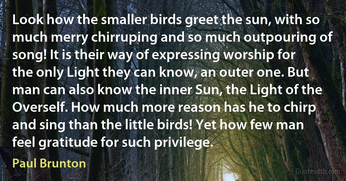 Look how the smaller birds greet the sun, with so much merry chirruping and so much outpouring of song! It is their way of expressing worship for the only Light they can know, an outer one. But man can also know the inner Sun, the Light of the Overself. How much more reason has he to chirp and sing than the little birds! Yet how few man feel gratitude for such privilege. (Paul Brunton)