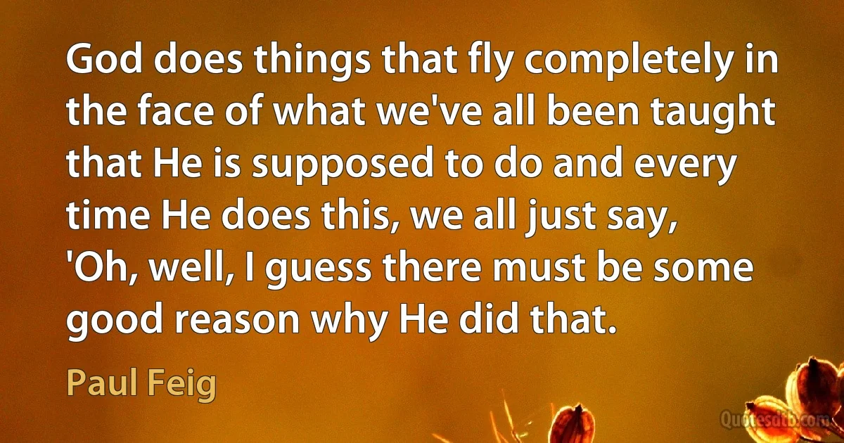 God does things that fly completely in the face of what we've all been taught that He is supposed to do and every time He does this, we all just say, 'Oh, well, I guess there must be some good reason why He did that. (Paul Feig)