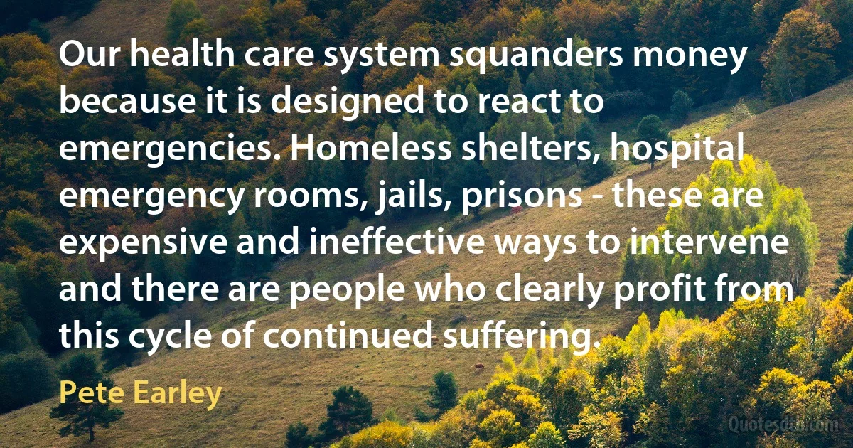 Our health care system squanders money because it is designed to react to emergencies. Homeless shelters, hospital emergency rooms, jails, prisons - these are expensive and ineffective ways to intervene and there are people who clearly profit from this cycle of continued suffering. (Pete Earley)