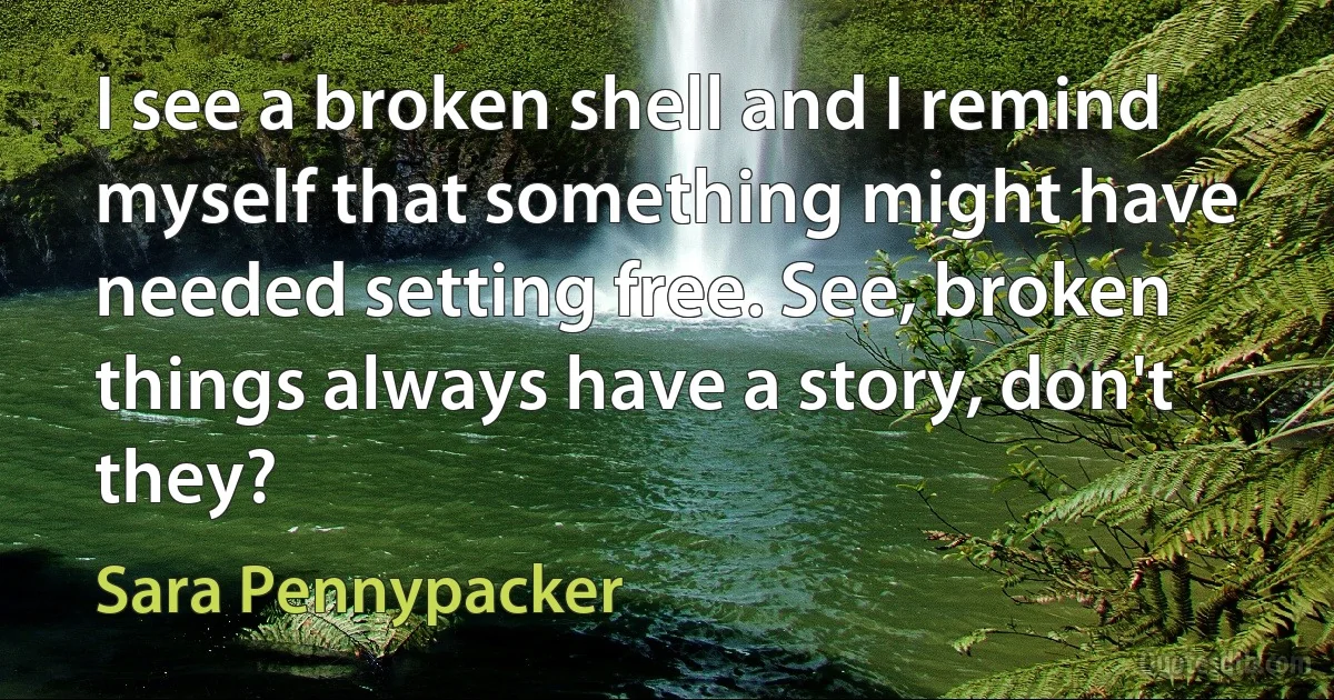 I see a broken shell and I remind myself that something might have needed setting free. See, broken things always have a story, don't they? (Sara Pennypacker)