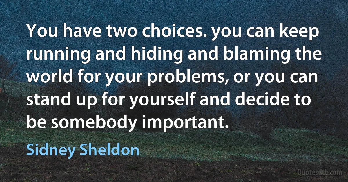 You have two choices. you can keep running and hiding and blaming the world for your problems, or you can stand up for yourself and decide to be somebody important. (Sidney Sheldon)