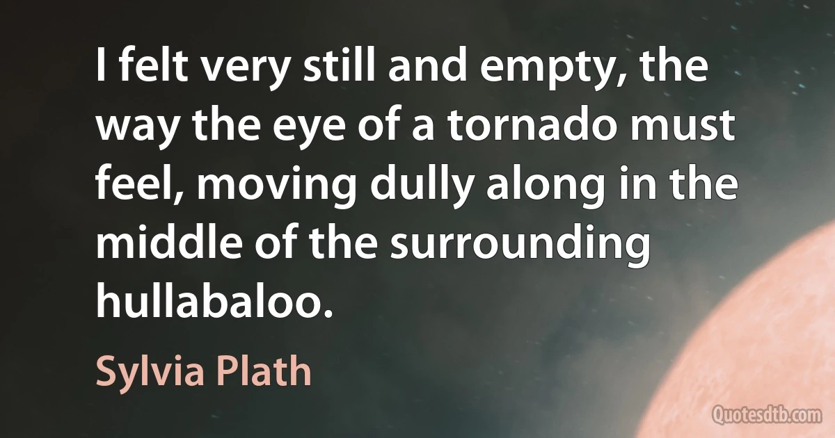 I felt very still and empty, the way the eye of a tornado must feel, moving dully along in the middle of the surrounding hullabaloo. (Sylvia Plath)