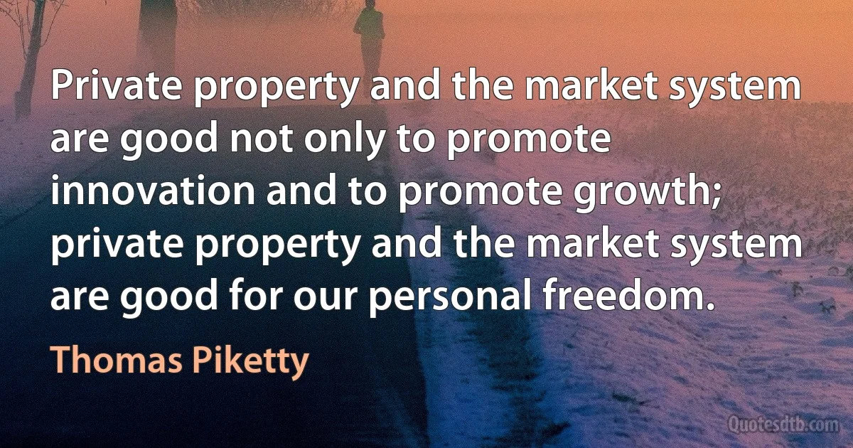 Private property and the market system are good not only to promote innovation and to promote growth; private property and the market system are good for our personal freedom. (Thomas Piketty)