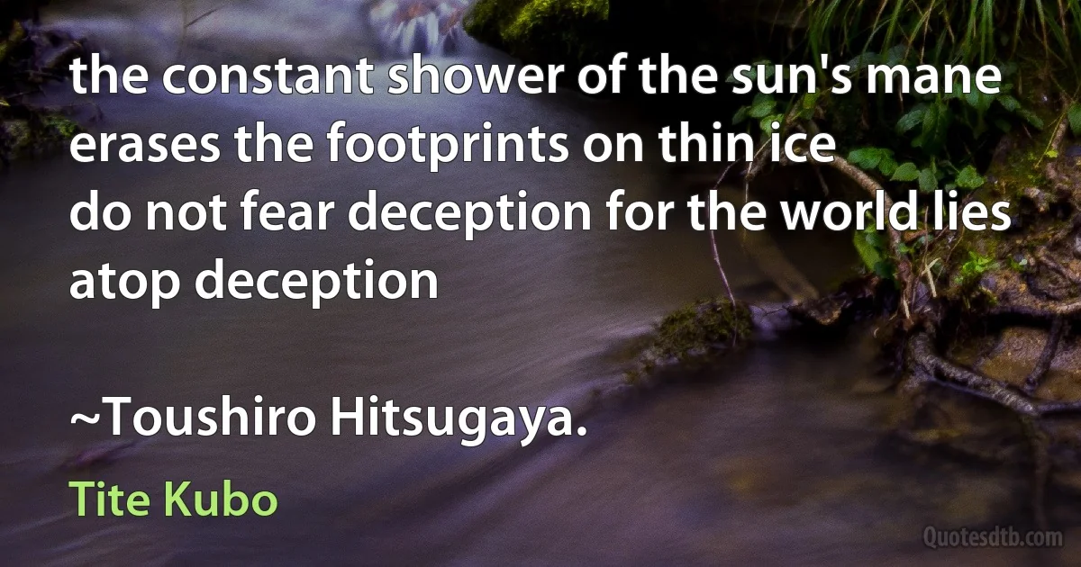 the constant shower of the sun's mane
erases the footprints on thin ice
do not fear deception for the world lies atop deception

~Toushiro Hitsugaya. (Tite Kubo)