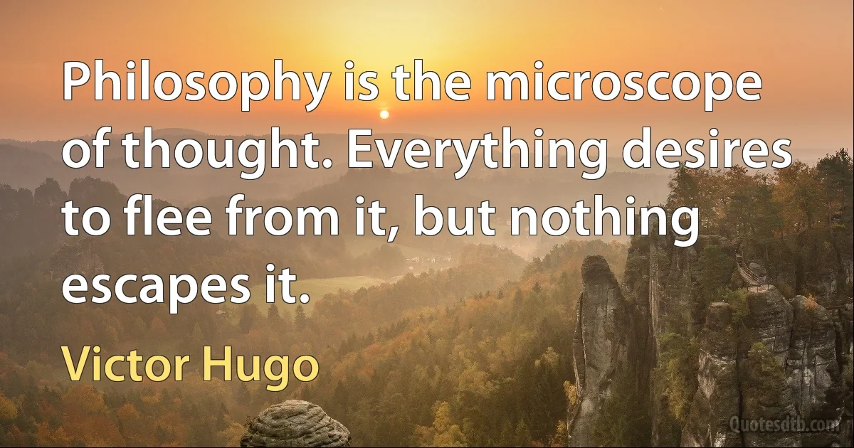 Philosophy is the microscope of thought. Everything desires to flee from it, but nothing escapes it. (Victor Hugo)