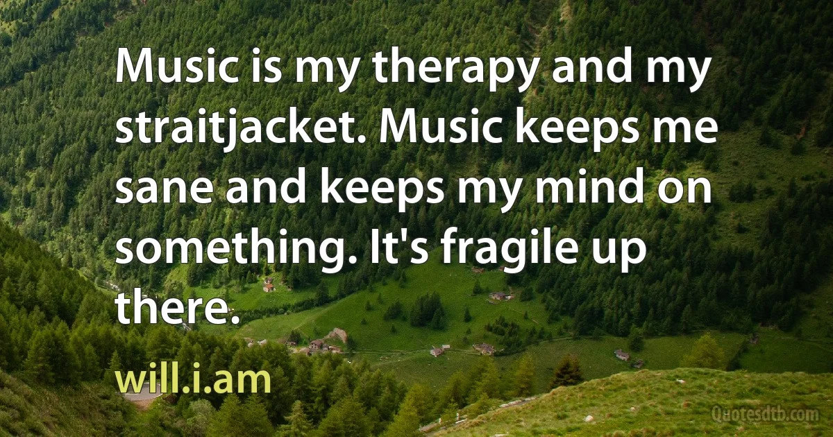 Music is my therapy and my straitjacket. Music keeps me sane and keeps my mind on something. It's fragile up there. (will.i.am)