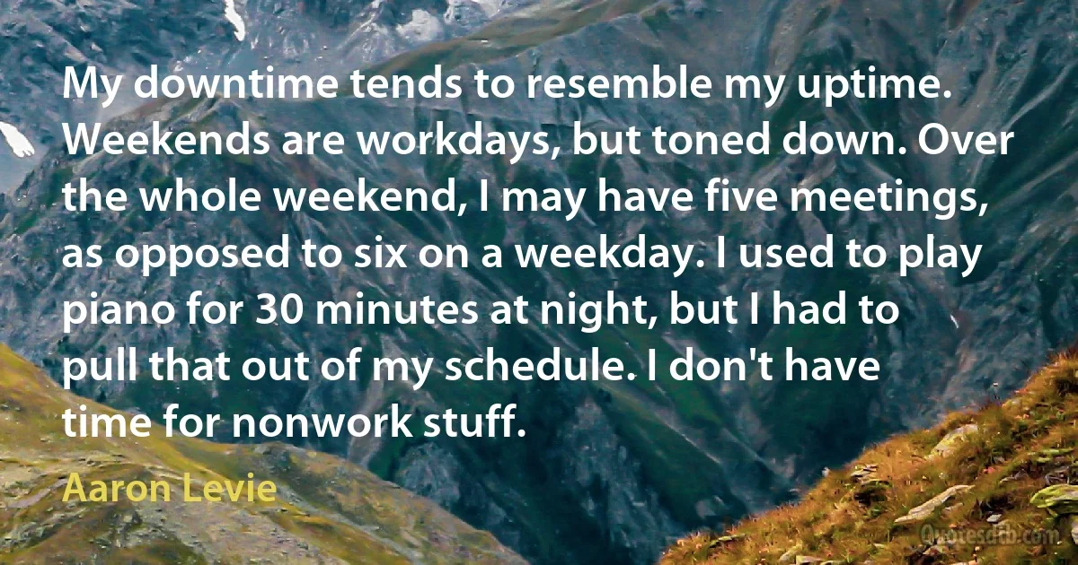 My downtime tends to resemble my uptime. Weekends are workdays, but toned down. Over the whole weekend, I may have five meetings, as opposed to six on a weekday. I used to play piano for 30 minutes at night, but I had to pull that out of my schedule. I don't have time for nonwork stuff. (Aaron Levie)