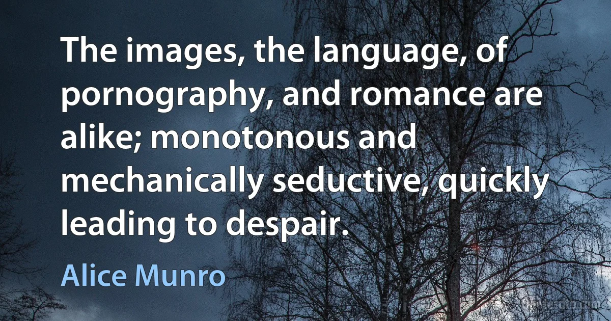 The images, the language, of pornography, and romance are alike; monotonous and mechanically seductive, quickly leading to despair. (Alice Munro)