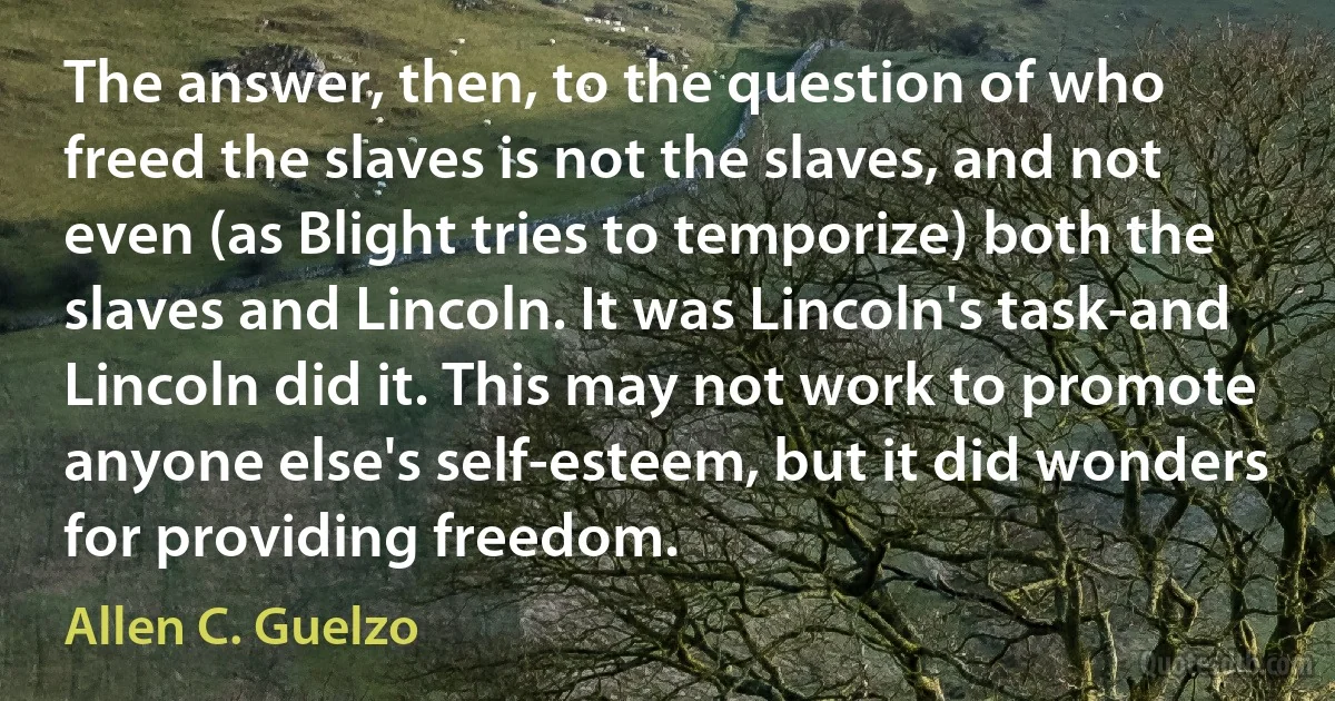 The answer, then, to the question of who freed the slaves is not the slaves, and not even (as Blight tries to temporize) both the slaves and Lincoln. It was Lincoln's task-and Lincoln did it. This may not work to promote anyone else's self-esteem, but it did wonders for providing freedom. (Allen C. Guelzo)