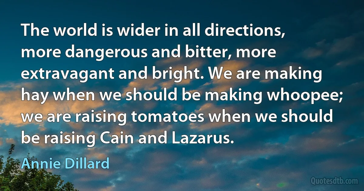 The world is wider in all directions, more dangerous and bitter, more extravagant and bright. We are making hay when we should be making whoopee; we are raising tomatoes when we should be raising Cain and Lazarus. (Annie Dillard)