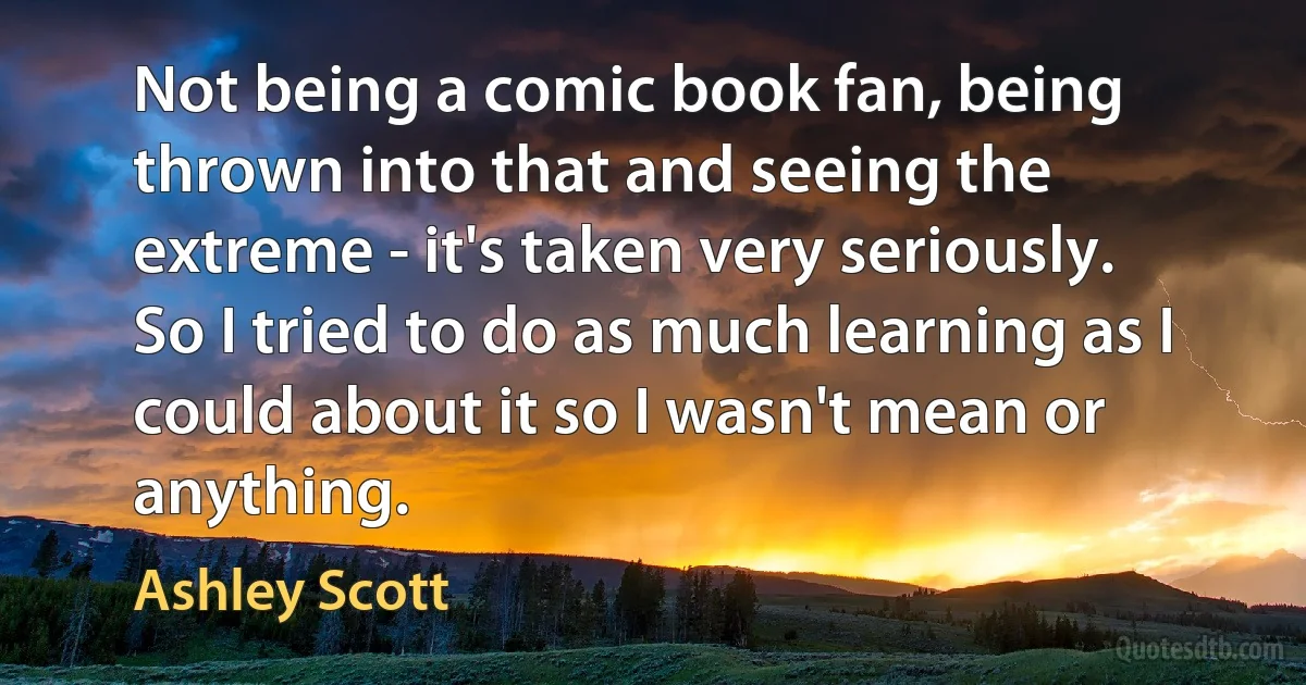 Not being a comic book fan, being thrown into that and seeing the extreme - it's taken very seriously. So I tried to do as much learning as I could about it so I wasn't mean or anything. (Ashley Scott)