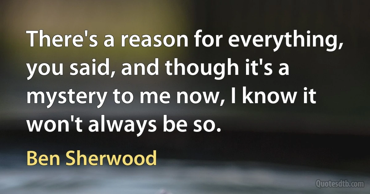 There's a reason for everything, you said, and though it's a mystery to me now, I know it won't always be so. (Ben Sherwood)