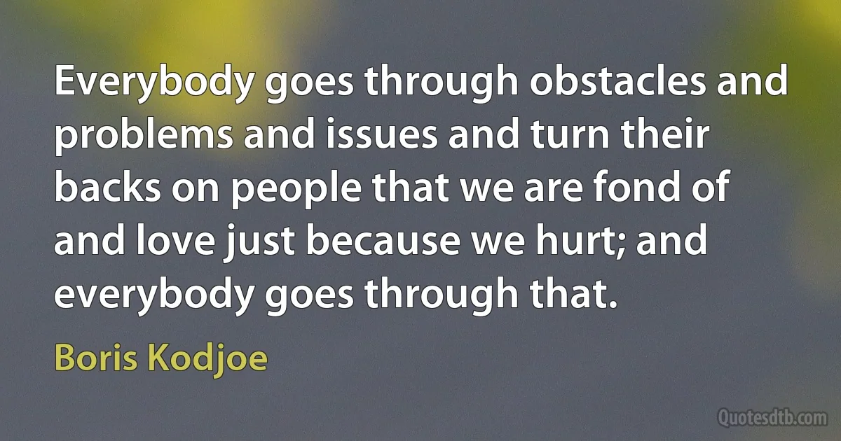 Everybody goes through obstacles and problems and issues and turn their backs on people that we are fond of and love just because we hurt; and everybody goes through that. (Boris Kodjoe)