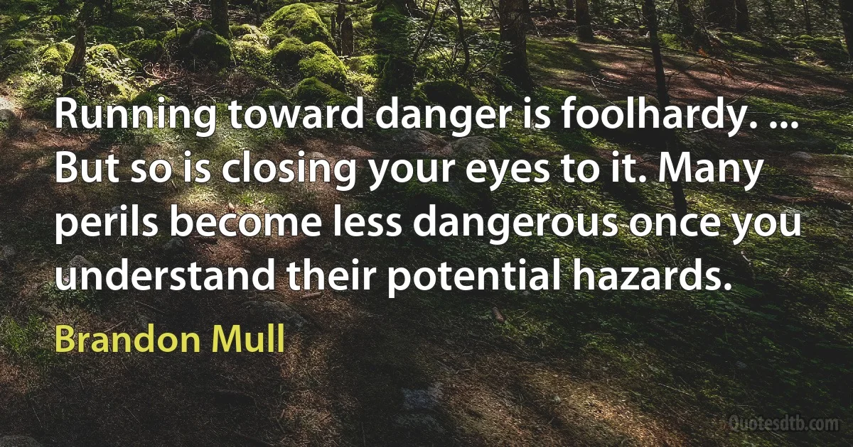 Running toward danger is foolhardy. ... But so is closing your eyes to it. Many perils become less dangerous once you understand their potential hazards. (Brandon Mull)