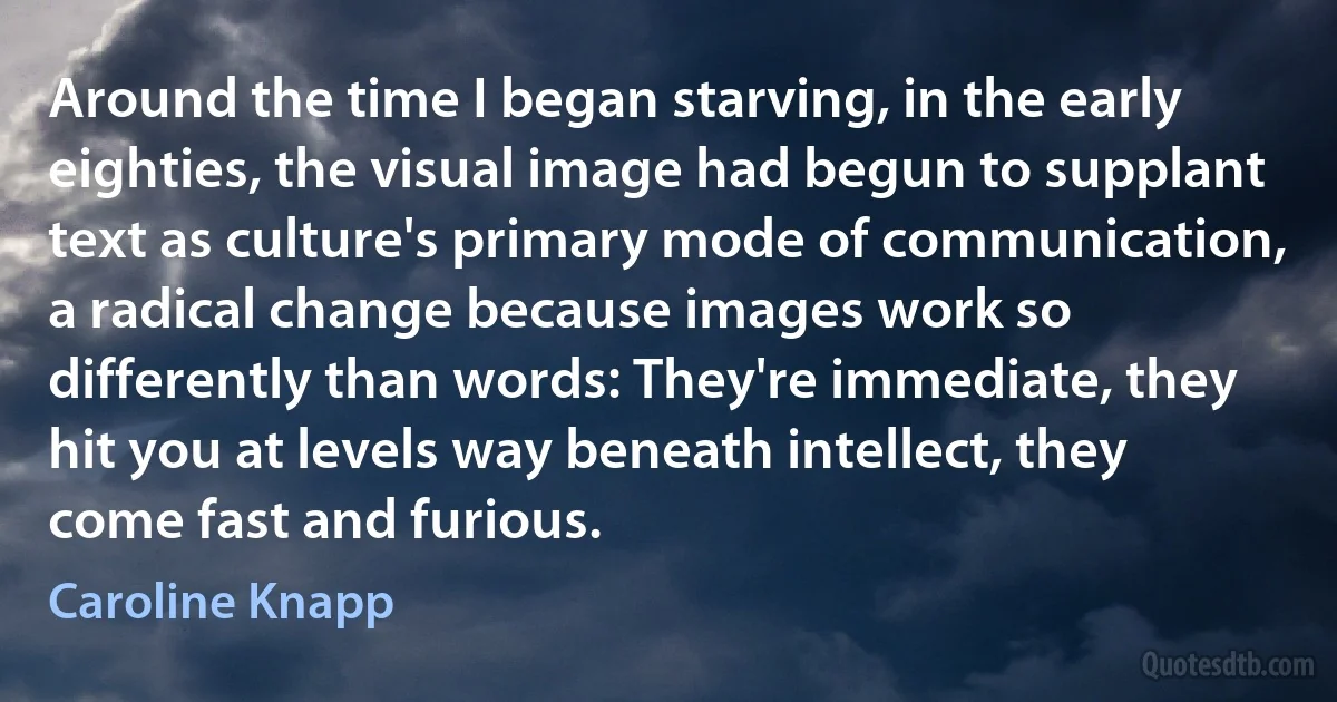 Around the time I began starving, in the early eighties, the visual image had begun to supplant text as culture's primary mode of communication, a radical change because images work so differently than words: They're immediate, they hit you at levels way beneath intellect, they come fast and furious. (Caroline Knapp)