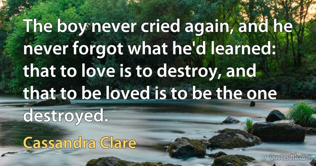 The boy never cried again, and he never forgot what he'd learned: that to love is to destroy, and that to be loved is to be the one destroyed. (Cassandra Clare)