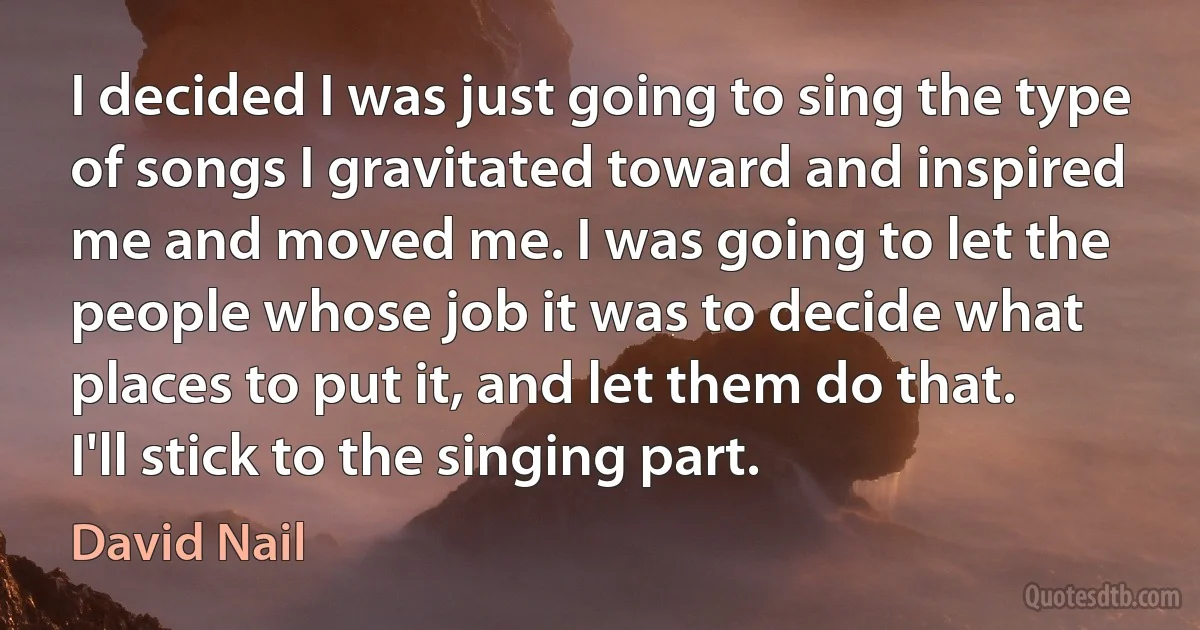 I decided I was just going to sing the type of songs I gravitated toward and inspired me and moved me. I was going to let the people whose job it was to decide what places to put it, and let them do that. I'll stick to the singing part. (David Nail)