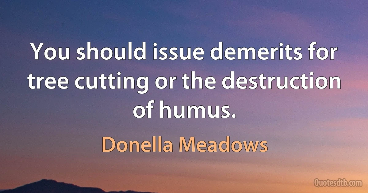 You should issue demerits for tree cutting or the destruction of humus. (Donella Meadows)