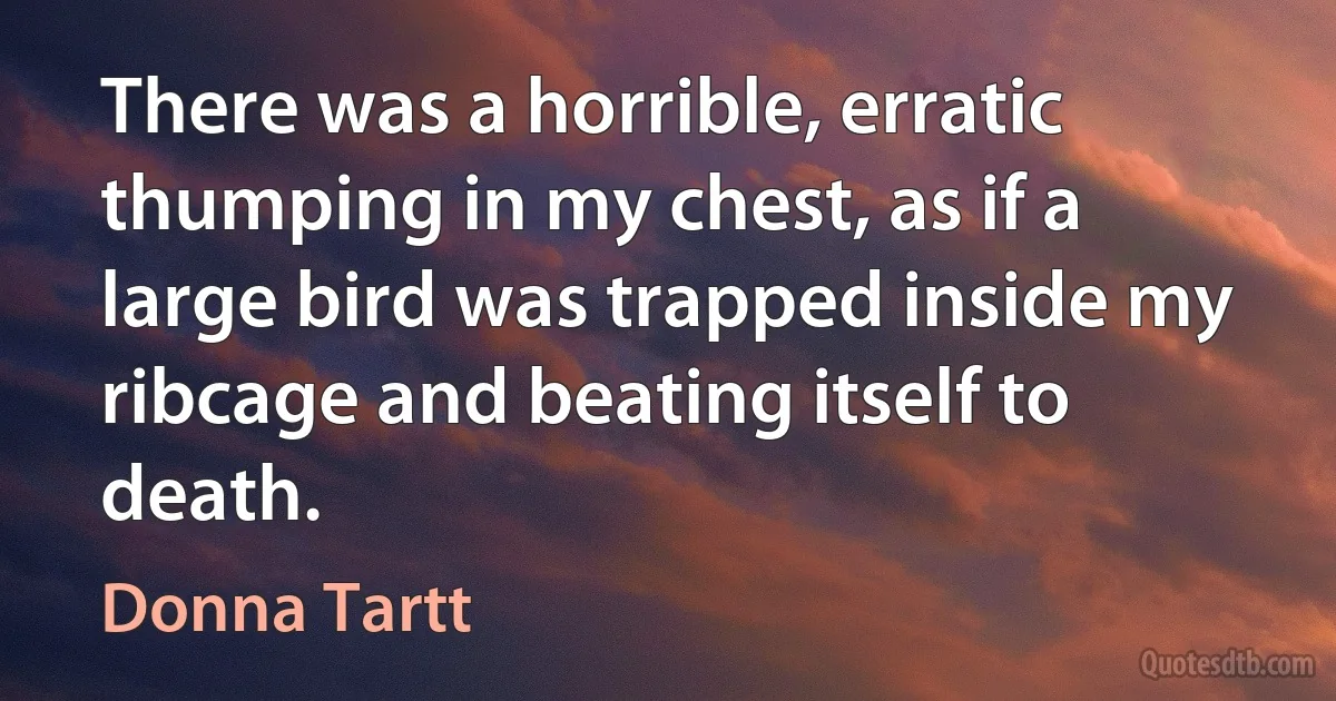 There was a horrible, erratic thumping in my chest, as if a large bird was trapped inside my ribcage and beating itself to death. (Donna Tartt)