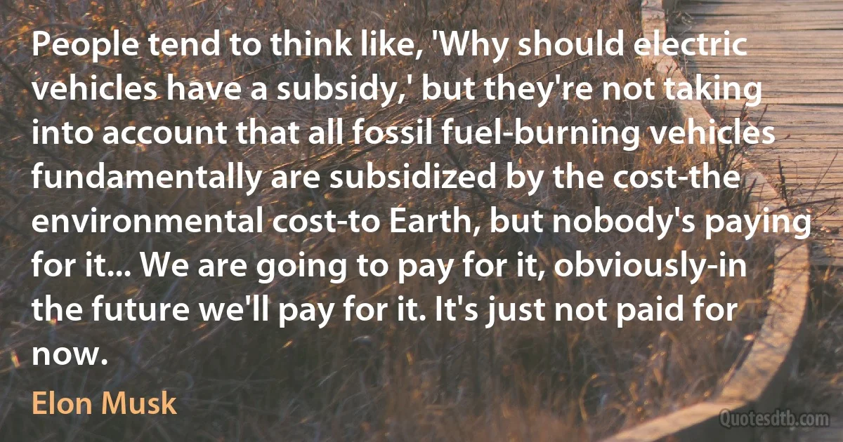 People tend to think like, 'Why should electric vehicles have a subsidy,' but they're not taking into account that all fossil fuel-burning vehicles fundamentally are subsidized by the cost-the environmental cost-to Earth, but nobody's paying for it... We are going to pay for it, obviously-in the future we'll pay for it. It's just not paid for now. (Elon Musk)