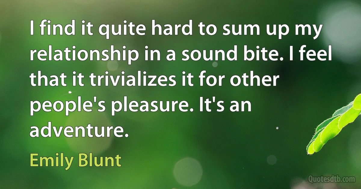 I find it quite hard to sum up my relationship in a sound bite. I feel that it trivializes it for other people's pleasure. It's an adventure. (Emily Blunt)